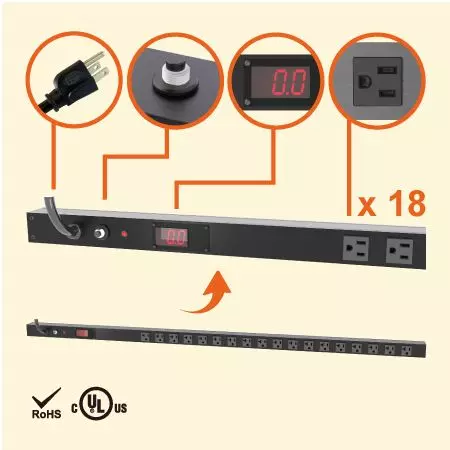 PDU Vertikal Berukur 0U, 15A 120V 18 Outlet NEMA 5-15R, Logam Penuh - PDU dengan 18 x outlet 5-15R dan meter arus
