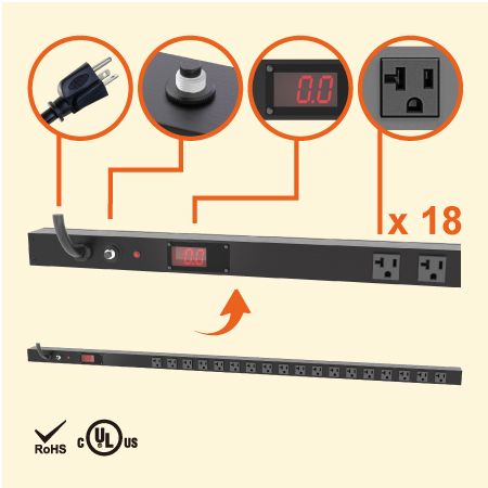 PDU verticale 0U misurato, 20A 120V 18 prese NEMA 5-20R, completamente in metallo - PDU con 18 prese 5-20R misurate e 5-20P