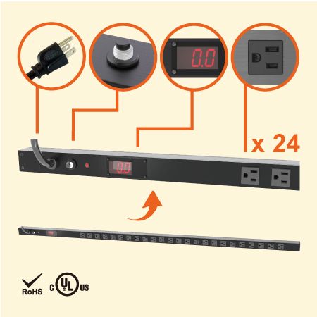 24 NEMA 5-15 0U Vertical Space-saving Metered Power Strip - 24 x 5-15R outlets PDU with current meter