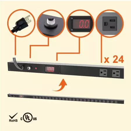 PDU Vertikal Terukur 0U, 15A 120V 24 Outlet NEMA 5-15R, Logam Penuh - 24 x 5-15R outlet PDU dengan meter arus