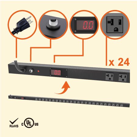 Tira de alimentación PDU vertical de 0U con 24 tomas NEMA 5-20 y medidor - 24 x 5-20R tomas PDU con medidor y enchufe 5-20P