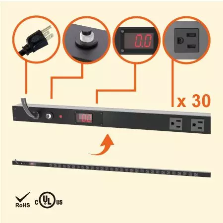0U Vertikal PDU Berukur, 15A 120V 30 NEMA 5-15R Outlet, Logam Penuh - 30 x 5-15R outlet PDU dengan meter arus