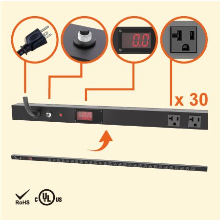 Bande d'alimentation PDU verticale 0U avec 30 prises NEMA 5-20 et mesure - PDU avec 30 prises 5-20R et ampèremètre avec prise 5-20P