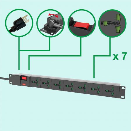 PDU universale a 7 prese da 19" 10A 110V-250V 1U Power Strip - PDU a 7 prese con protezione da sovratensioni