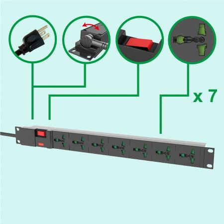 Régua de Energia Universal para Rack de 19" com 7 Tomadas, 10A 110V-250V 1U - PDU com 7 Tomadas e Proteção contra Surtos