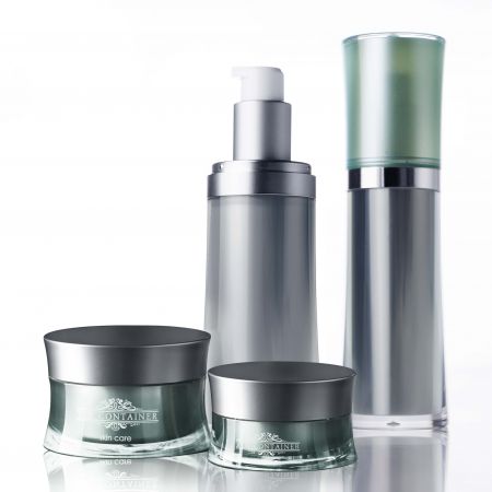 曲線壓克力化妝瓶與乳霜罐化妝套組 - 曲線形乳液瓶與橢圓形乳霜罐化妝套組