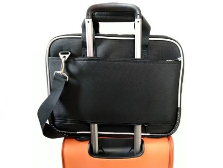 Back zipper pocket strapped onto a luggage retractable handle.