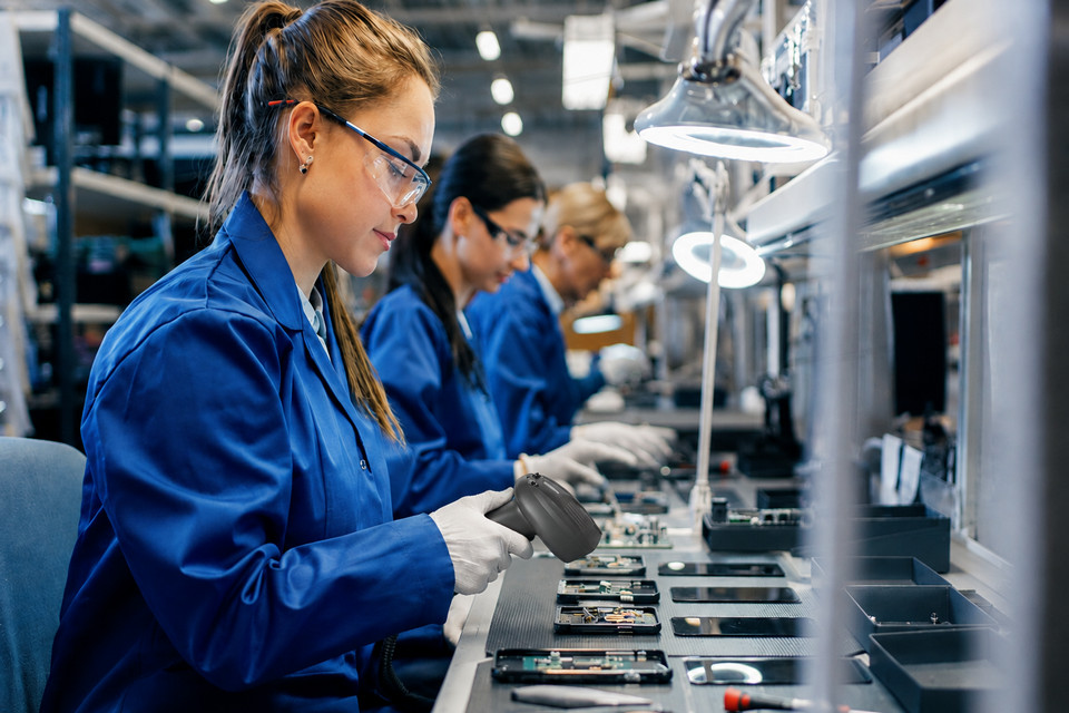 Barcode scanners supporting assembly, inspection, packing, and shipping in manufacturing.