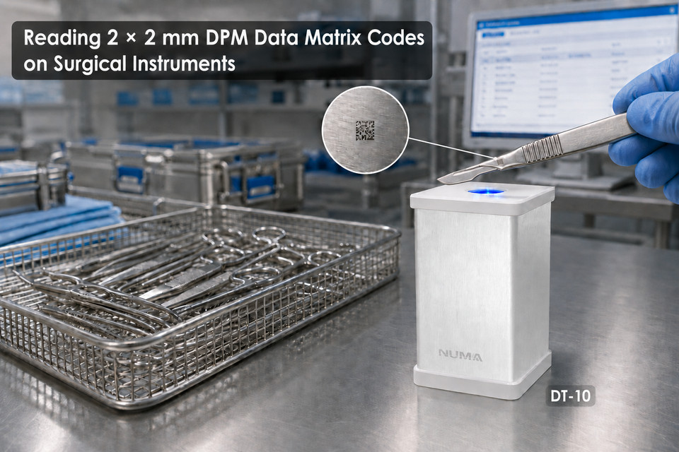 DT-10 reading a 2 x 2 mm DPM Data Matrix code marked on a surgical instrument.