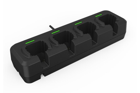 4-slot charger provides centralized charging for multiple compatible wearable barcode scanners.