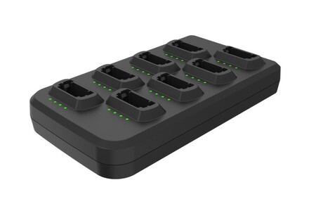 8-slot battery charger charges up to eight spare batteries simultaneously for efficient battery management.