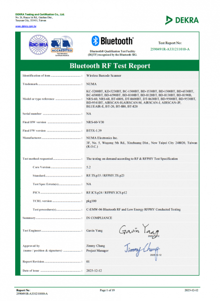 Bluetooth RF test report of NUMA wireless barcode scanners according to RF & RFPHY test specification