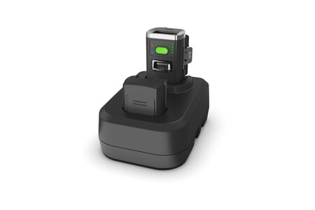 2-in-1 charger simultaneously charges the NRS-60P ring scanner and a spare battery for efficient device management.