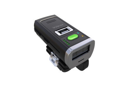 Wearable 2D barcode scanner with extended depth of field for reading barcodes across a wider scanning range.