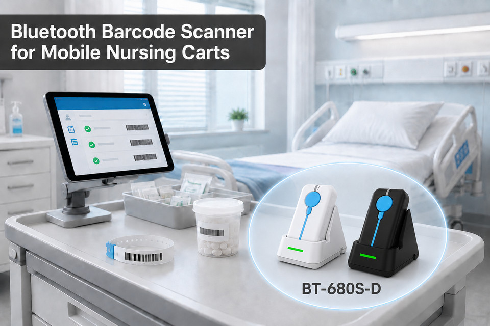 BT-680S-D Bluetooth barcode scanner supporting BCMA workflows on hospital mobile nursing carts.