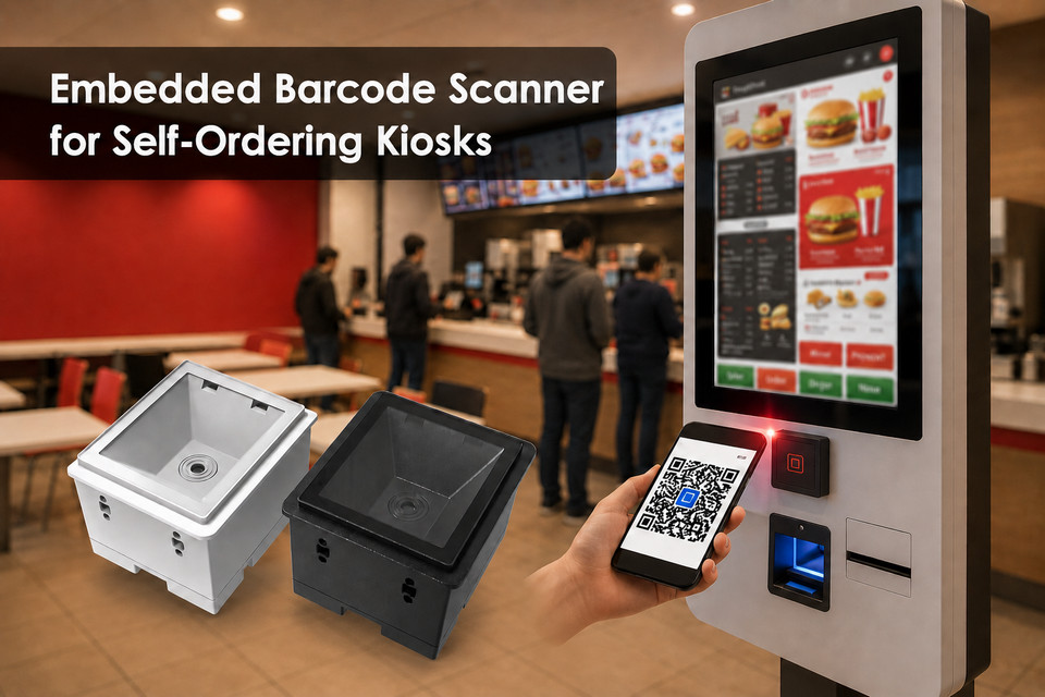 DT-80 embedded barcode scanner reading mobile QR codes at a self-ordering kiosk.