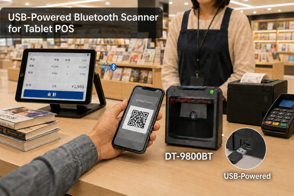 DT-9800BT USB-powered Bluetooth scanner reading a mobile membership QR code at a bookstore tablet POS.