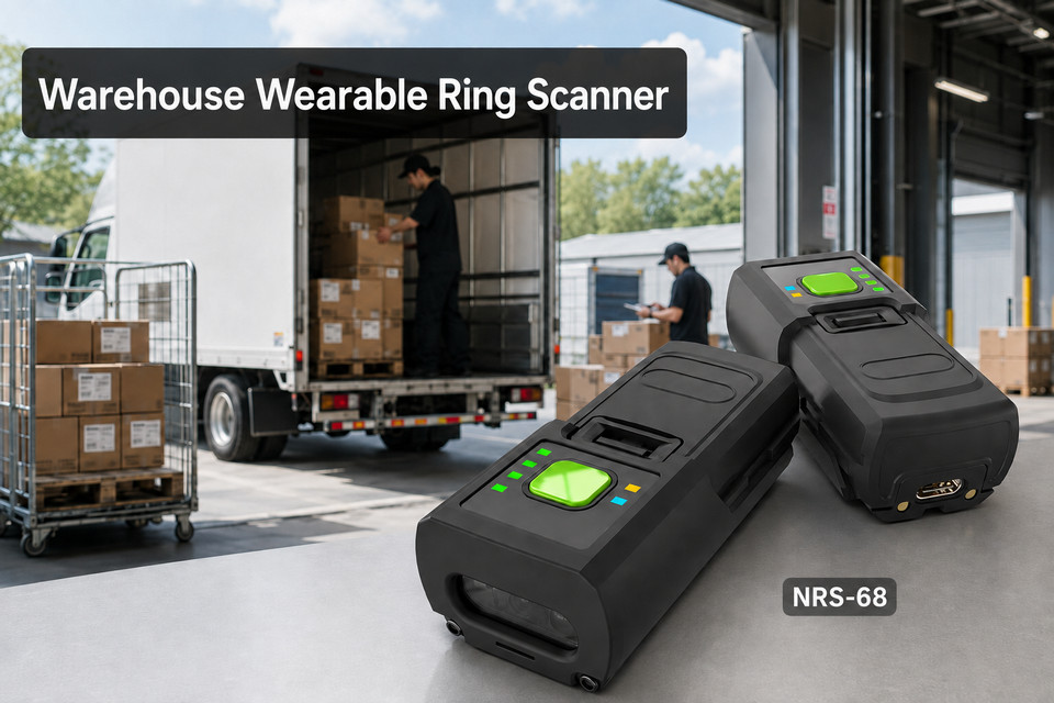 NRS-68 wearable ring scanner supporting hands-free order picking in a logistics warehouse.