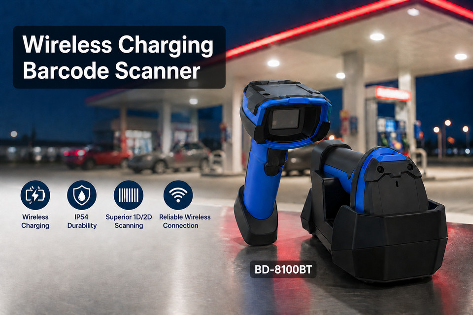 BD-8100BT wireless charging barcode scanner designed for continuous operation at gas stations.