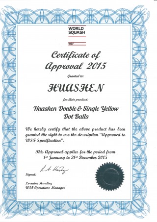 Certifikát Světového squashového svazu (WSF) 2015