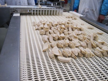 Dumplings could not remain upright on conveyor.