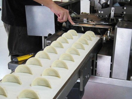 Gyoza are lined up in double row on conveyor.