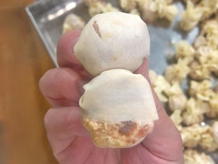 Svinekød og rejer Wontons med revnede bunde, fyldet eksponeret