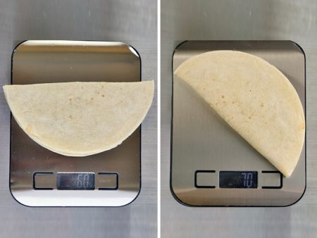 Kasutades 6-tolliseid tortillasid, saab valmistada 60g-70g kaaluvaid quesadillasid