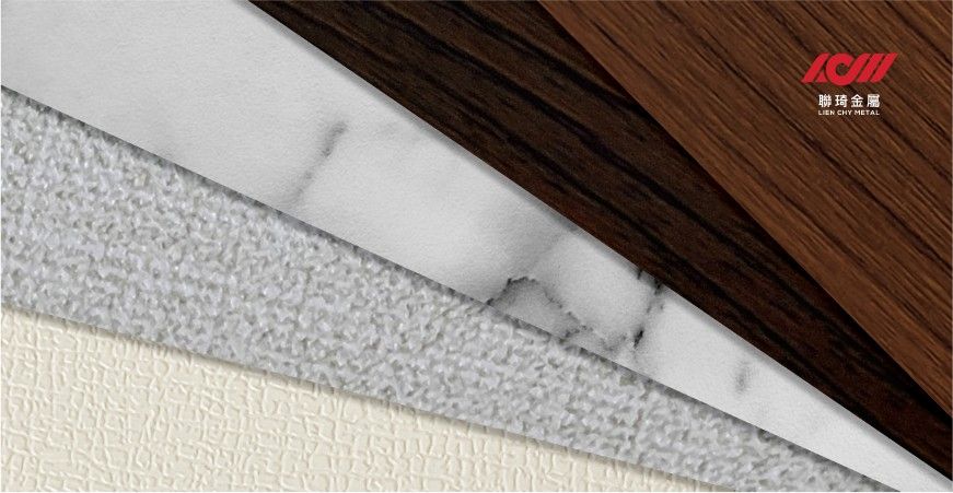 Lienchy Metal's latest laminated metal designs for 2025, displayed from top to bottom: Textured Walnut Grain, Textured Black Sandalwood Grain, White Tactile Marble, Ivory Linen, and Ivory Leather Texture.