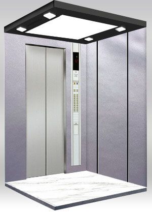 一座現代風格的電梯內部，電梯轎廂牆面使用香檳銀灰覆膜金屬裝飾