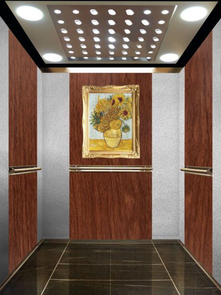 一座古典风格的电梯内部，电梯轿厢墙面使用香槟白银覆膜金属及红木纹覆膜金属装饰