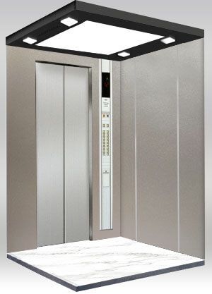 V moderním výtahu jsou stěny výtahové kabiny zdobeny laminovanými kovovými deskami se stříbrnými písky
