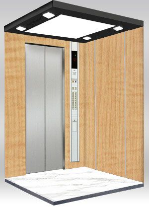 使用楓木紋PVC覆膜金屬板裝飾的電梯牆面