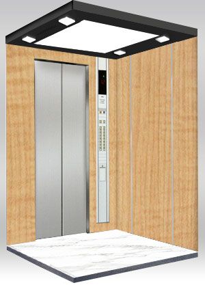 Elevator interior decorated with maplewood laminated metal