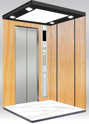 Vista lateral de un ascensor moderno, y las paredes del ascensor están decoradas con placas de acero laminado con PVC con grano de roble dorado