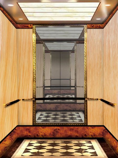 The front of a gorgeous elevator with its door open. The walls of the elevator are decorated with Golden Oak Grain PVC laminated metal steel plates