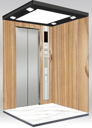 Vista lateral de um elevador moderno, com as paredes decoradas com placas de aço laminado com filme de PVC e grão de pinheiro
