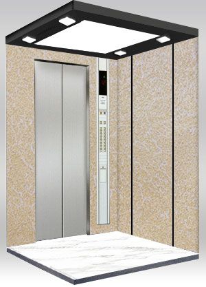 Vista laterale di un ascensore moderno, e le pareti dell'ascensore sono decorate con lastre di acciaio in metallo laminato con pellicola in PVC con texture di pietra macadam di smeraldo