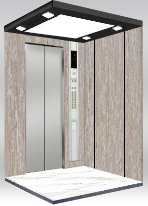 Vista lateral de um elevador moderno, e as paredes do elevador são decoradas com placas de aço laminado com PVC com textura de listras de bambu
