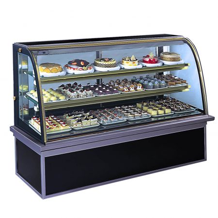 ベースとサイドにアイアンシェルフを備えたケーキ冷蔵ショーケースは、スターリーブラックの木目調ラミネートメタルで装飾されています。