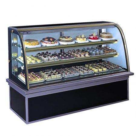 Vitrina refrigerada para pasteles con base y estantes de hierro en los lados decorados con metal laminado de grano negro estrellado