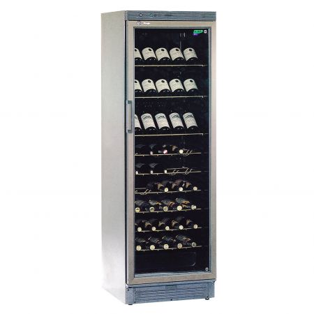 Un grand réfrigérateur de stockage de vin rouge orné d'une texture haut de gamme avec une plaque en métal laminé couleur Champagne Or