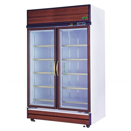 側面角度，使用紅木紋PVC覆膜金屬鋼板裝飾的冰箱外觀