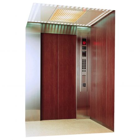 Nội thất của một thang máy hiện đại được trang trí bằng kim loại phủ phim PVC có họa tiết gỗ Redwood