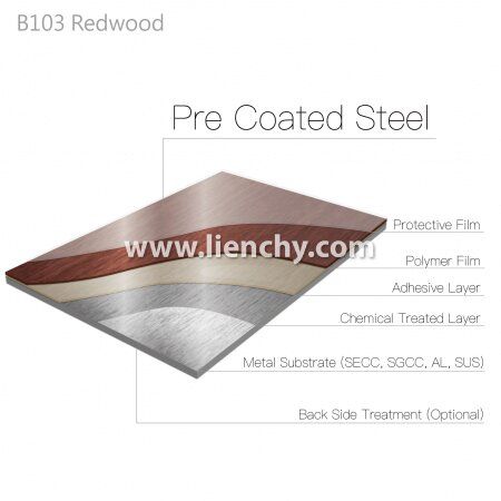 Lagdelt strukturdiagram av Redwood Grain PVC-film laminert metall