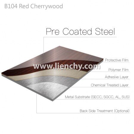 Diagrama de estructura en capas de metal laminado con película de PVC de grano de madera de cerezo rojo