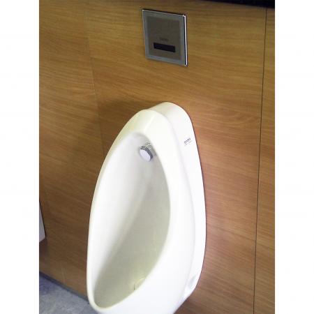 Close front side shot of toilet wall panels decorated with beechwood grain laminated metal