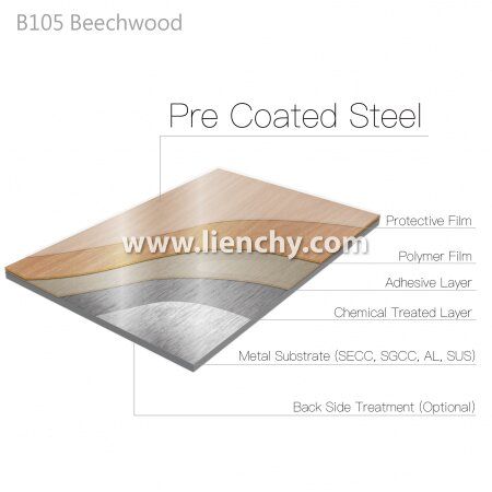 Sơ đồ cấu trúc lớp gỗ Beech Wood Grain phủ PVC trên kim loại