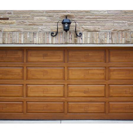Roll-up garage door decorated with Walnut grain PVC laminated metal plate