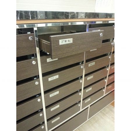 Bir binadaki lüks bir posta kutusunun yakından çekilmiş sol tarafı, Kassod tahıl PVC laminasyonlu metal levhalarla dekore edilmiştir. Üst sıradaki çekmecelerden biri açılmış durumda.